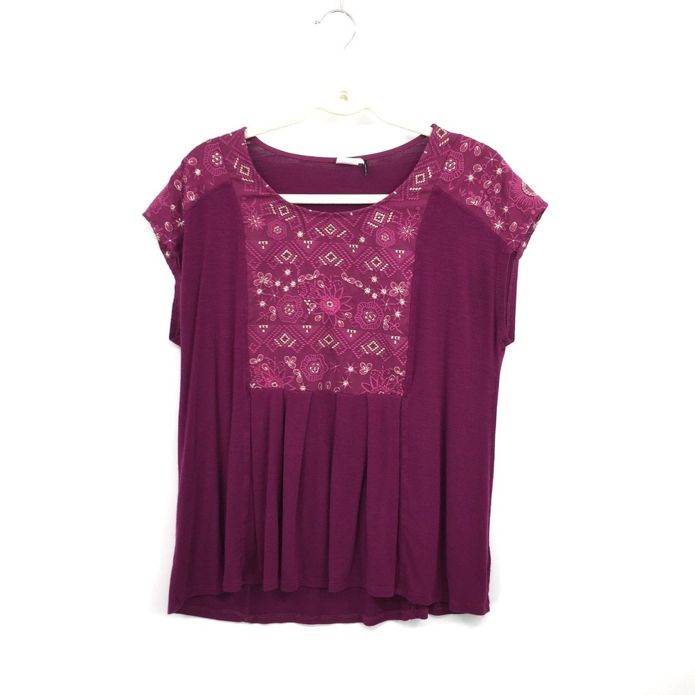 Akemi Kin Purple embroidered floral boho pleated boxy tank t-shirt top M READ